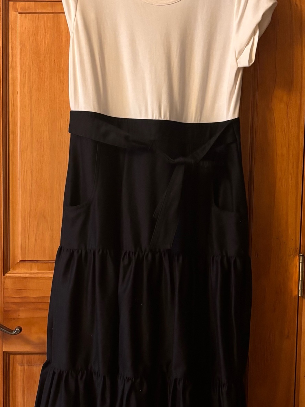 Calvin Klein Black and White Tiered Midi Dress with Waist Tie